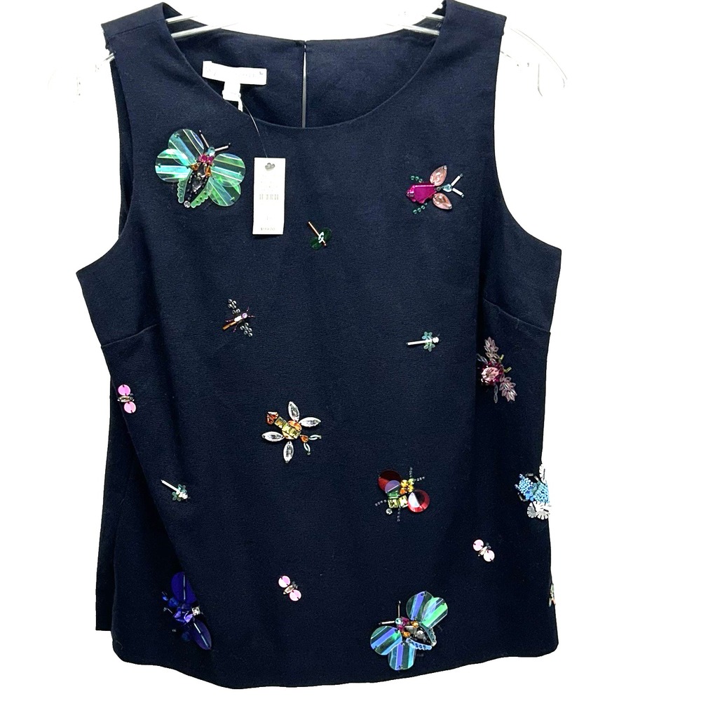 Talbots Women's 4P Navy Blue Butterfly Beaded Embellished Shell Top NEW (C6)
